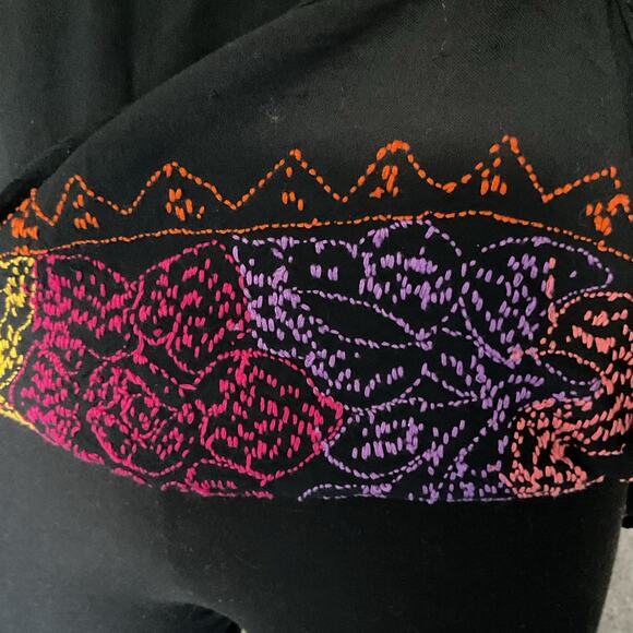 Handmade Mexican Embroidered Black Blouse Tunic Top Birds Flowers Artisan - Picture 7 of 8